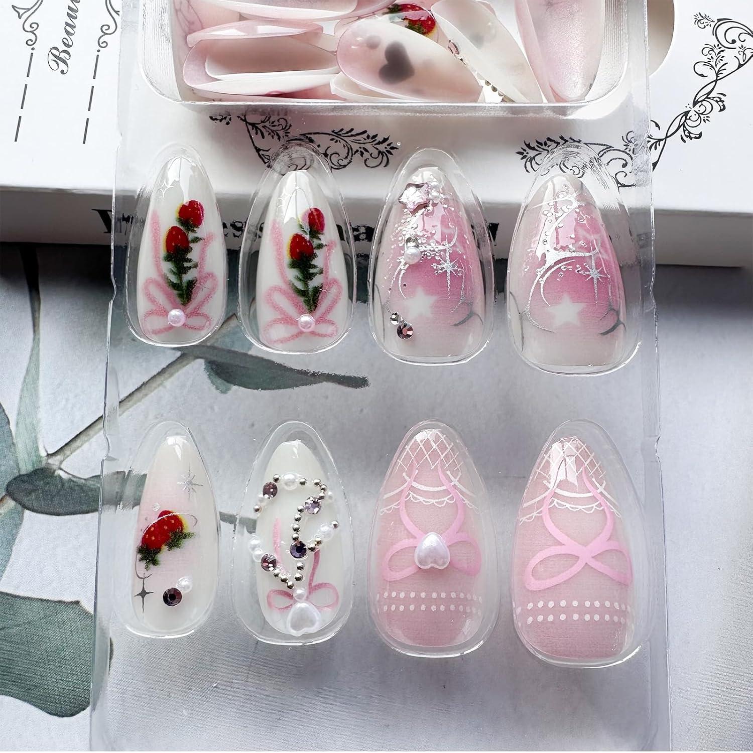 24 Stück Pink Press on Nägel mit 3D Design und Gel-Kleber