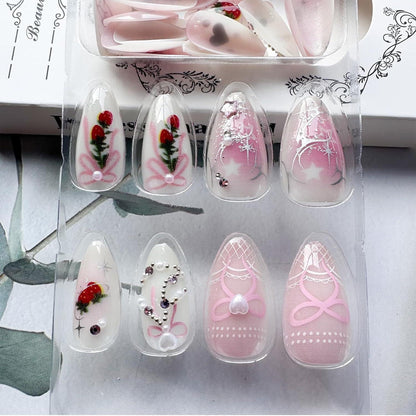 24 Stück Pink Press on Nägel mit 3D Design und Gel-Kleber