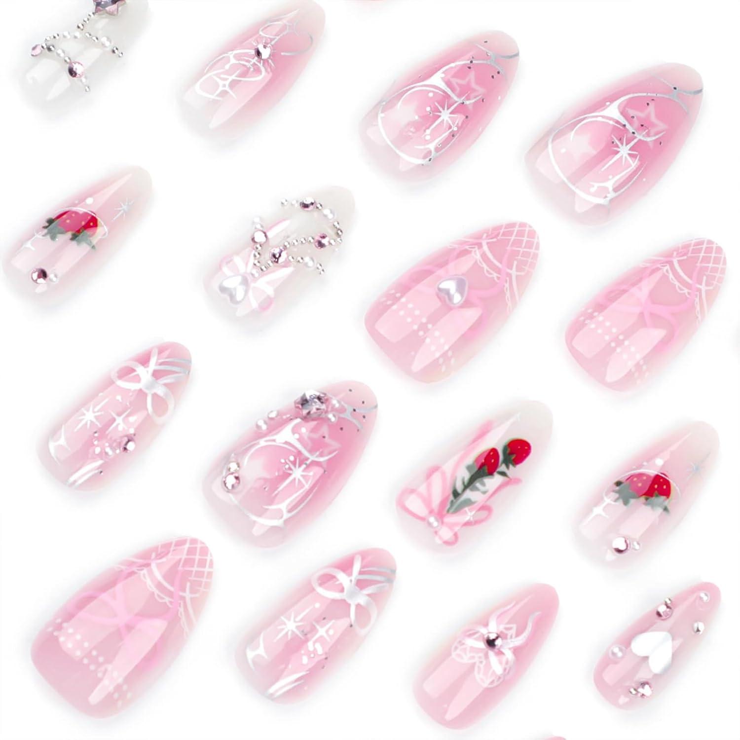 24er Set Rosa Press on Nägel mit 3D Herz Perlen Design und Gel-Kleber