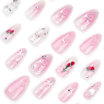 24er Set Rosa Press on Nägel mit 3D Herz Perlen Design und Gel-Kleber
