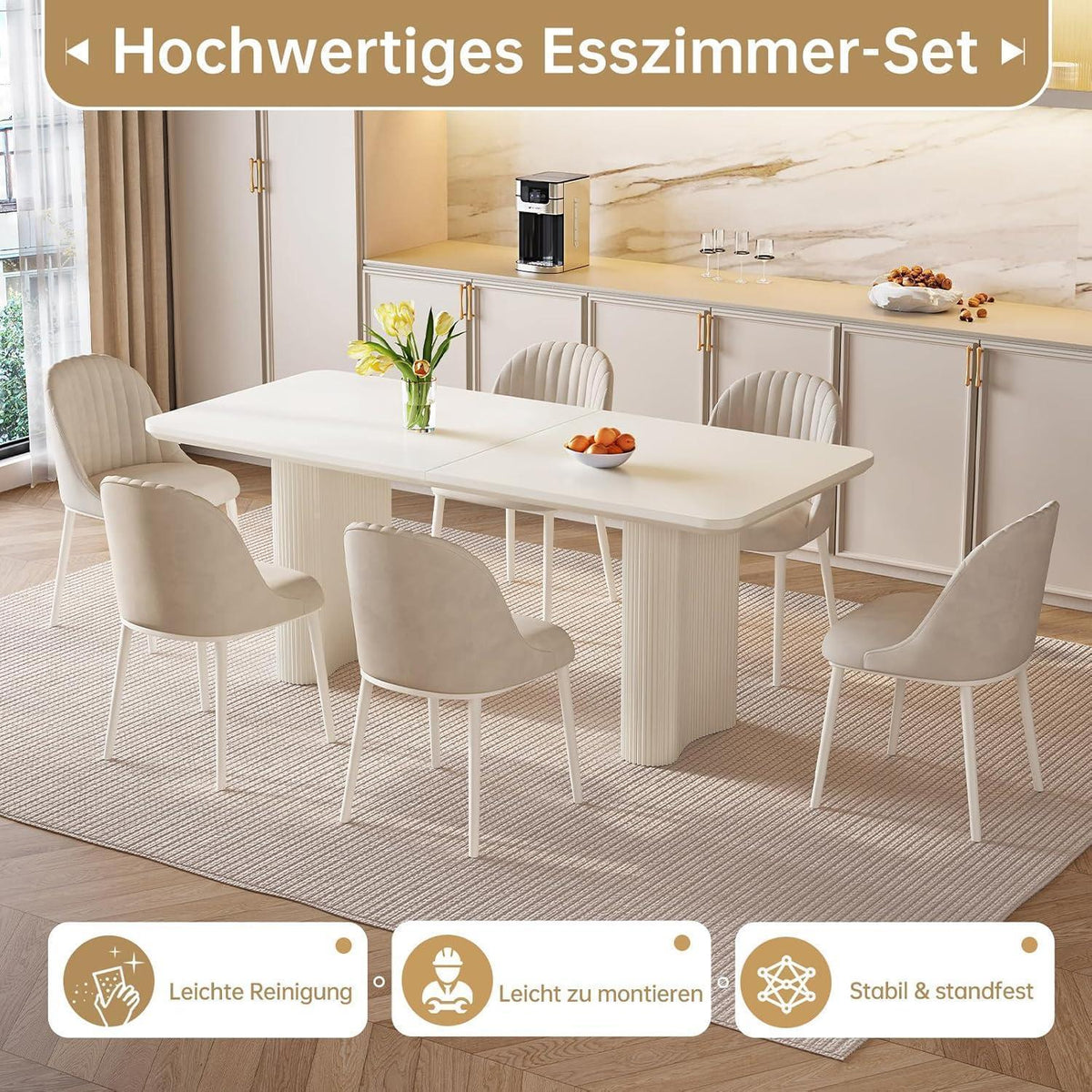 Weißer Esstisch Set mit 6 gepolsterten Stühlen – Modern & Platzsparend