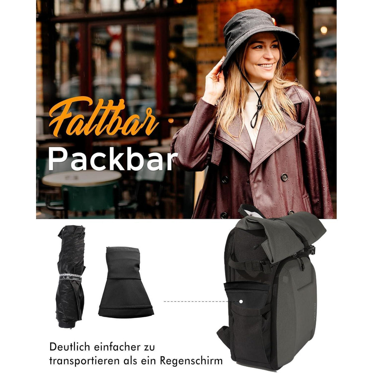 Faltbarer Damen Regenhut wasserdicht mit Kinnband & UPF50+