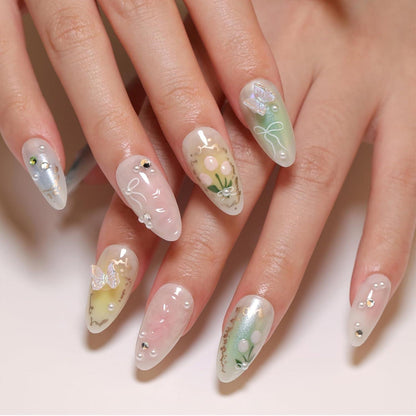 24er Set Bunte 3D Blumen Schmetterling Acrylnägel mit Gradient Design