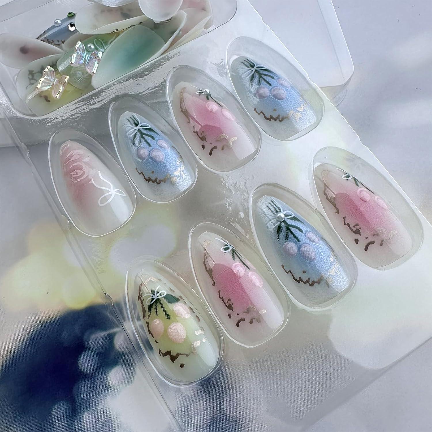24 Stück Bunte Press-On Nägel mit 3D Blumen Design und Gel-Kleber