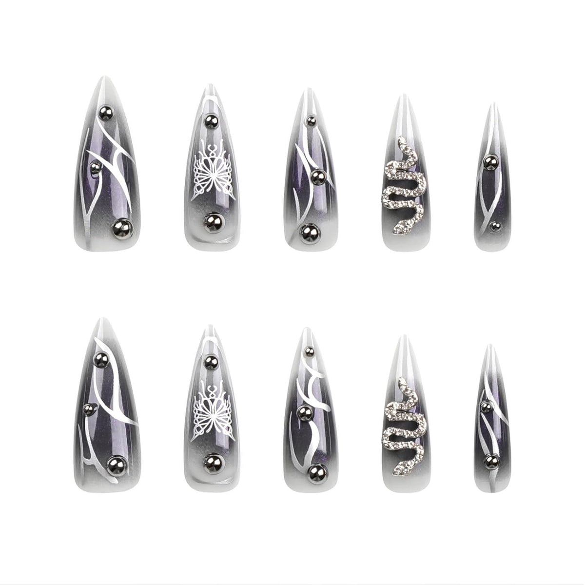 24 Stück Lange Stiletto False Nails Schwarz Ombre Gothic Design