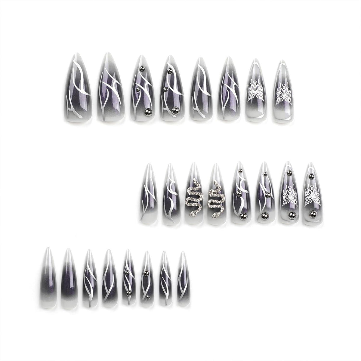 24 Stück Lange Stiletto Aufkleber Nägel, Goth Schwarz Ombre