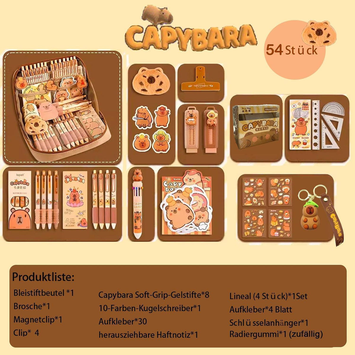 Capybara Schreibwaren Set 54tlg. | Federmäppchen Geschenkset Kinder