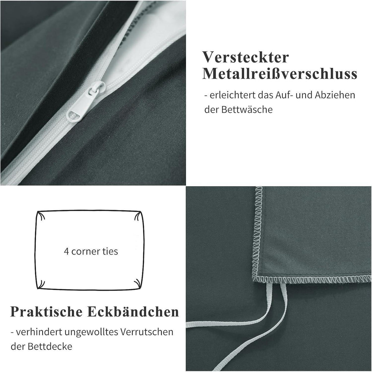 Bettwäsche-Set 140x200 cm Anthrazit Mikrofaser mit Reißverschluss