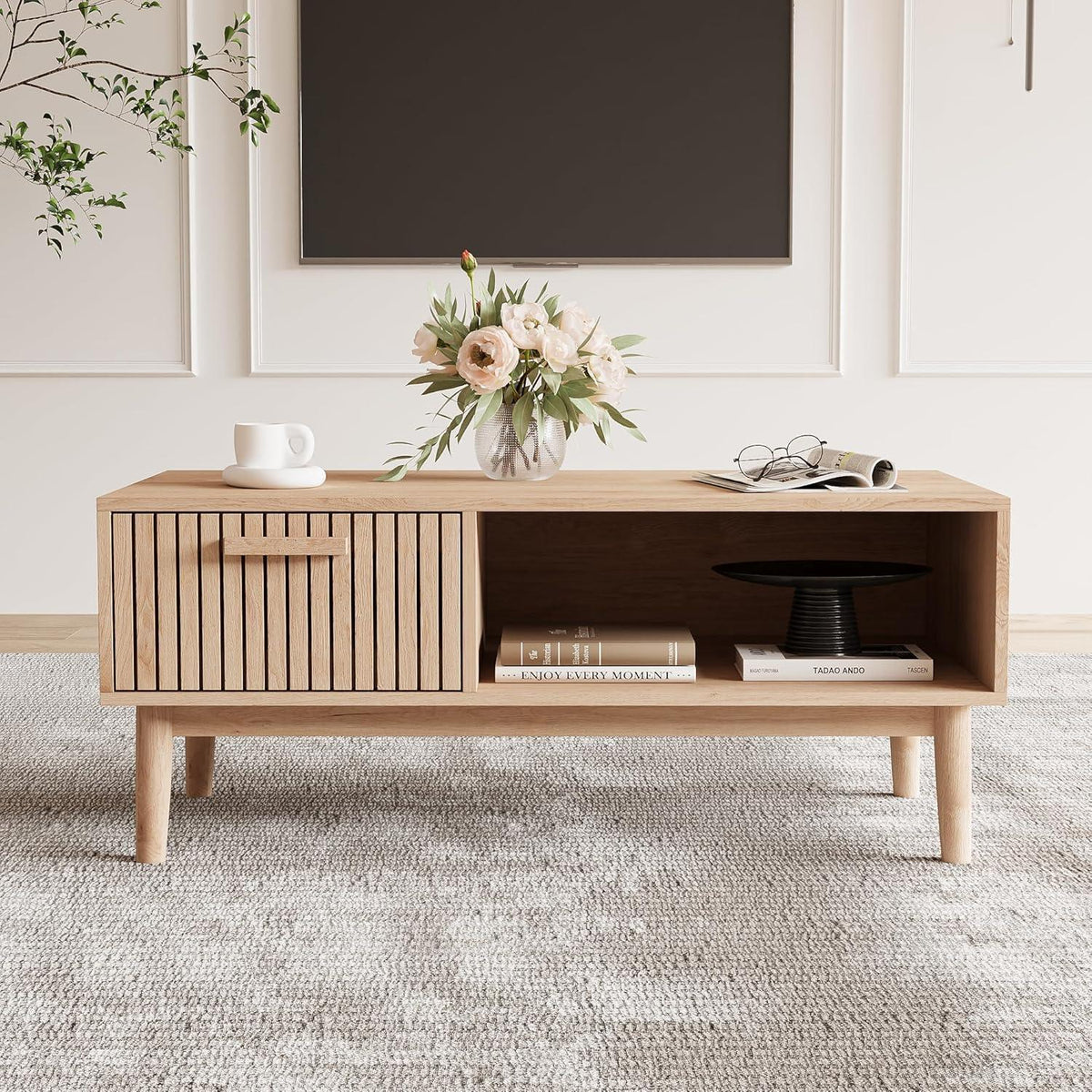 Holz Couchtisch mit Schublade & Ablage – 100x43x50 cm