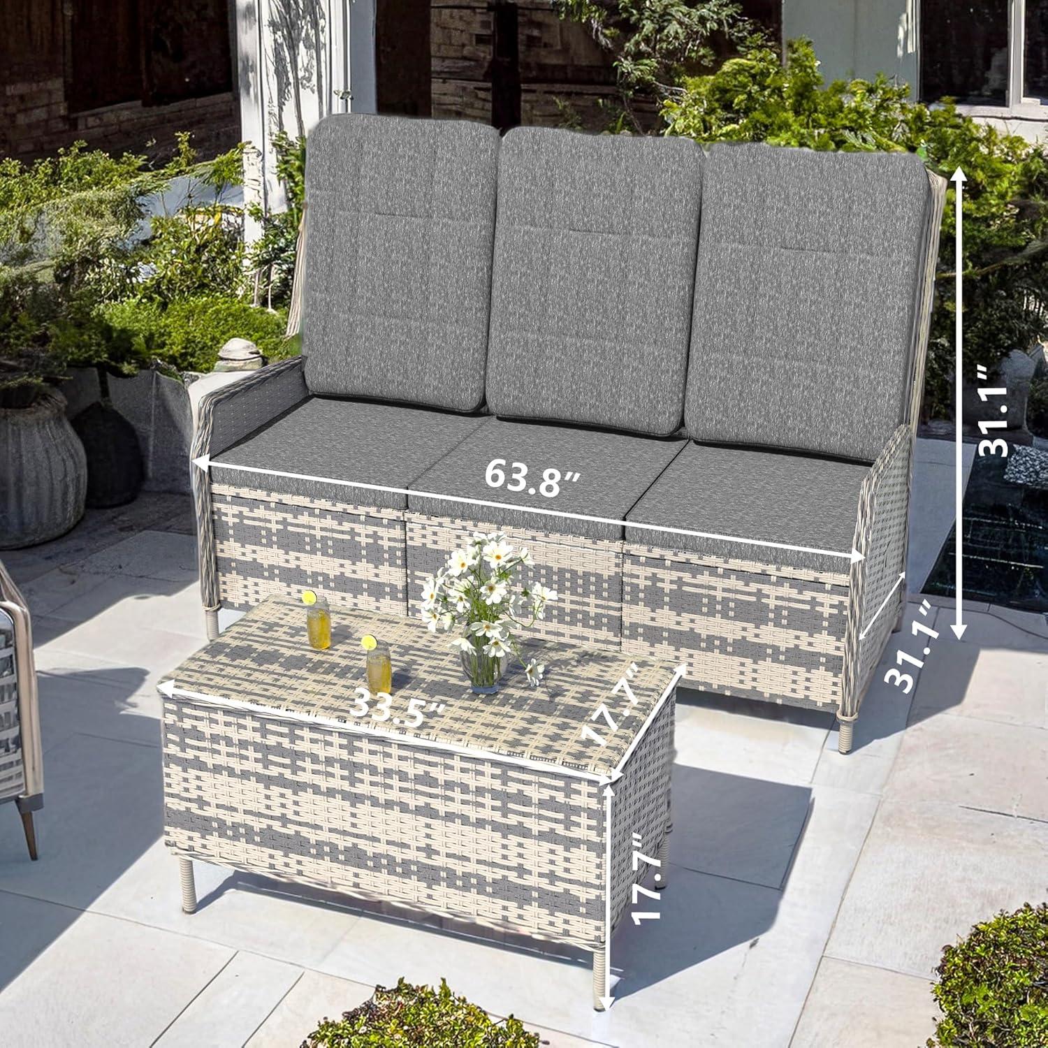 Polyrattan Lounge Set für 3 Personen mit verstellbarer Rückenlehne