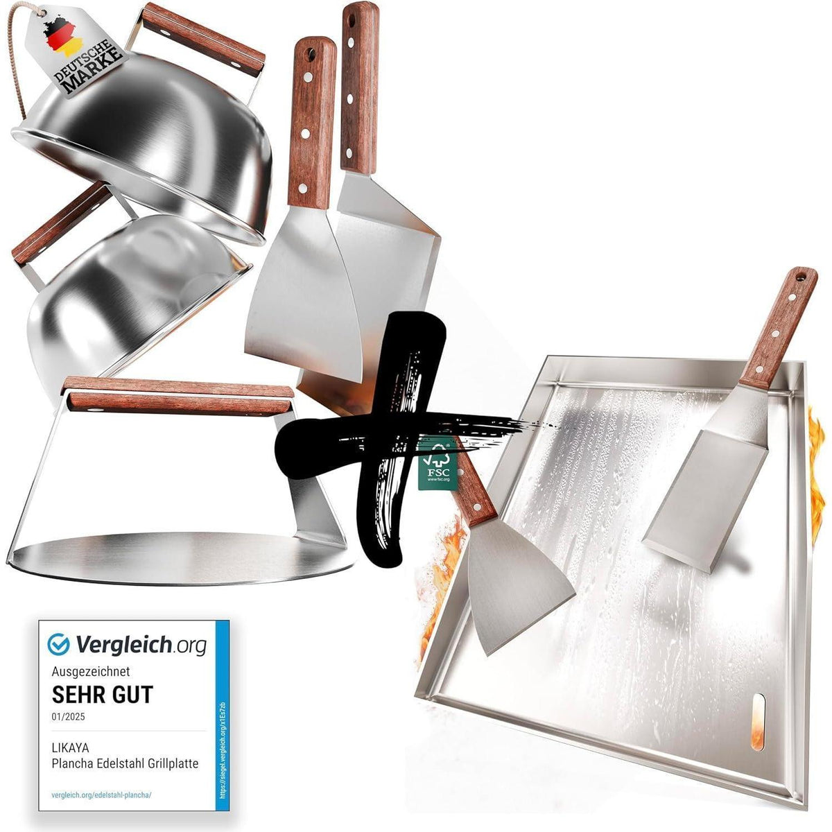 Edelstahl Plancha Grillplatte 30x40cm mit Burger Master Set