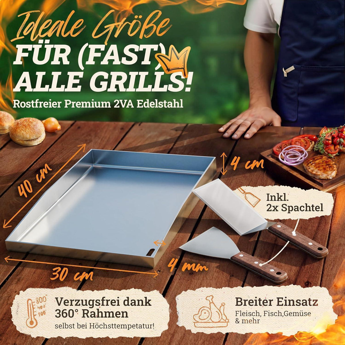 Edelstahl Plancha Grillplatte 30x40cm mit Burger Master Set