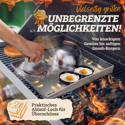 Edelstahl Plancha Grillplatte 30x40cm mit Burger Master Set