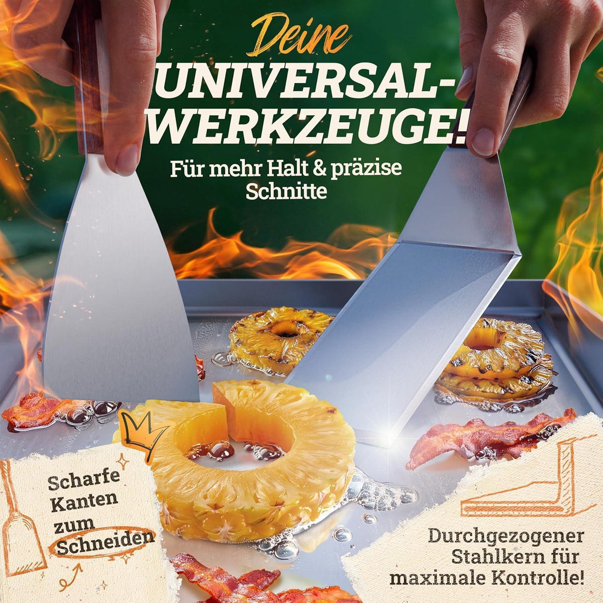 Edelstahl Plancha Grillplatte 30x40cm mit Burger Master Set