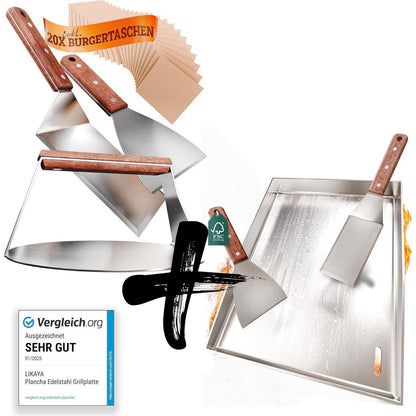 Plancha Edelstahl Grillplatte 30x40cm mit Burger Smasher Set