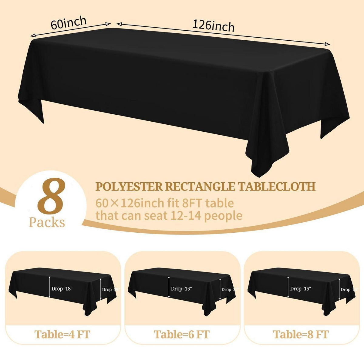 8x Schwarze Tischdecken Rechteck 153x320cm – Hochzeit, Party, Bankett