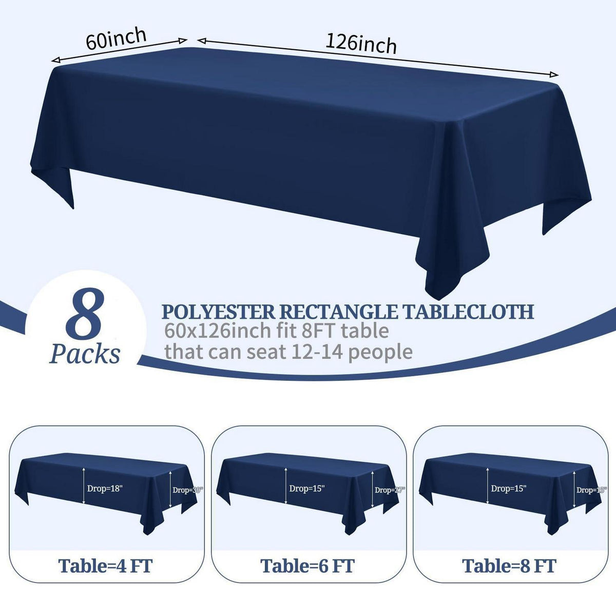 8x Marineblaue Tischdecken 153x320cm – Rechteckig & Waschbar