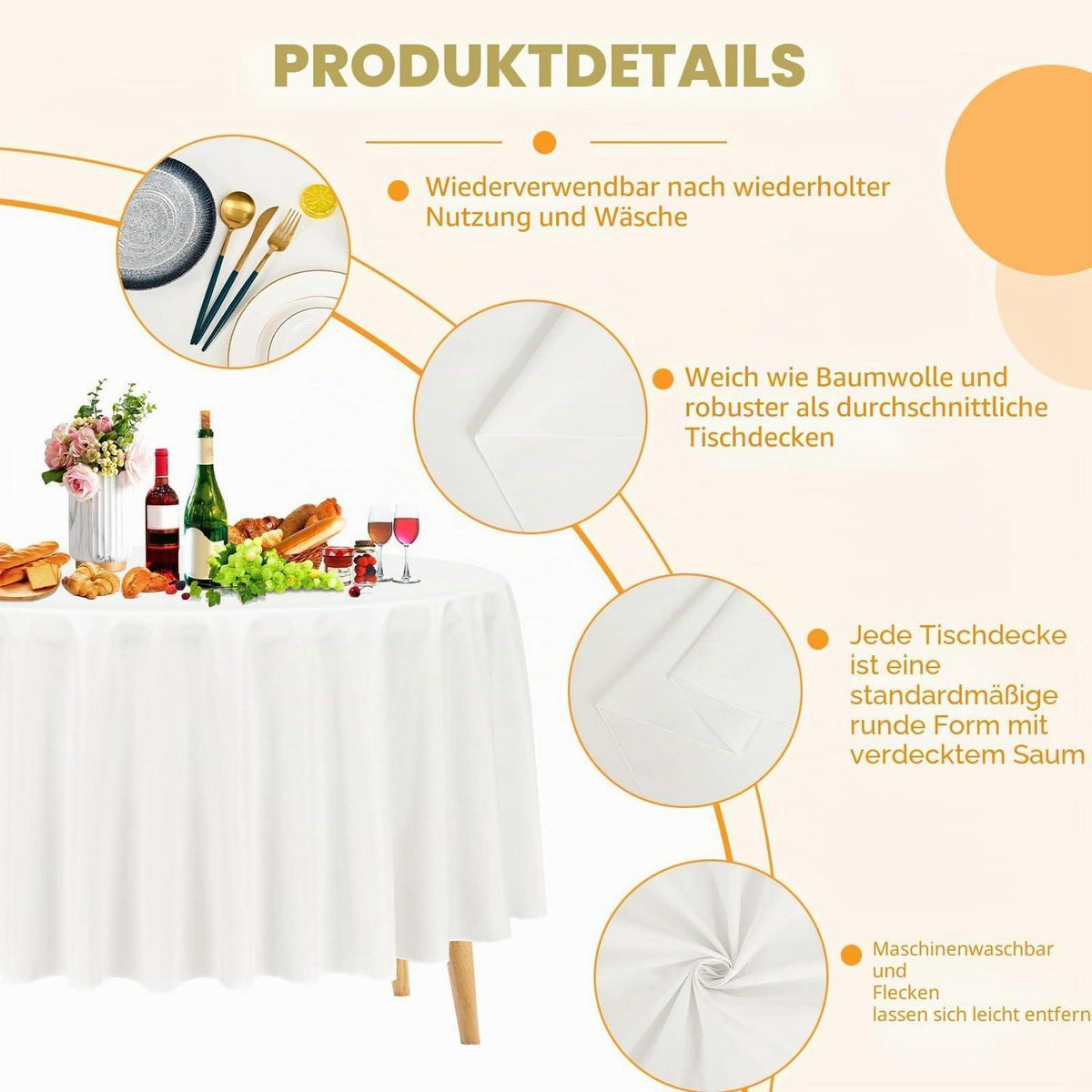 8x Runde Tischdecke Elfenbein 305cm – Waschbar & Elegant