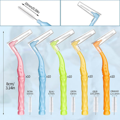 50 Interdentalbürsten, L-förmig, 5 Größen, Rutschfester