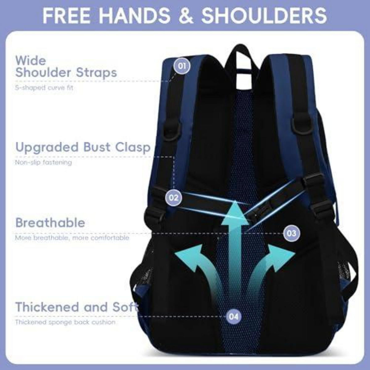 Schulrucksack Jungen Teenager Blau, 29L, Wasserabweisend, Laptopfach