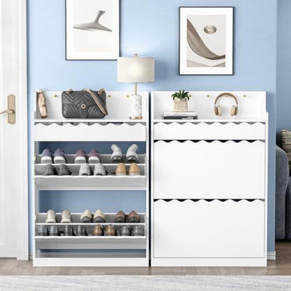 Schuhschrank Schmal mit Schublade & Klappfächern, Weiß