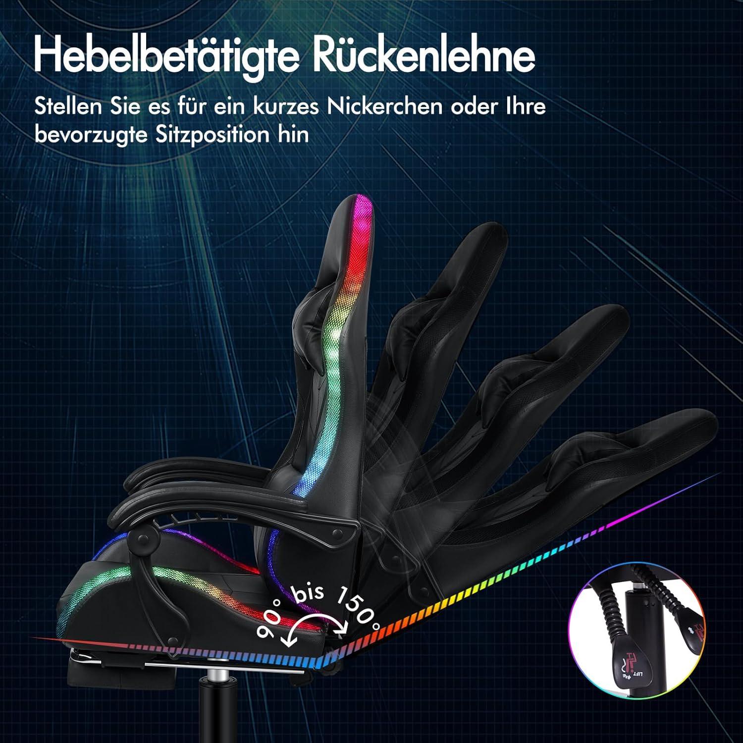 Massage-Gaming-Stuhl LED Neigung 150° Fußstütze höhenverstellbar
