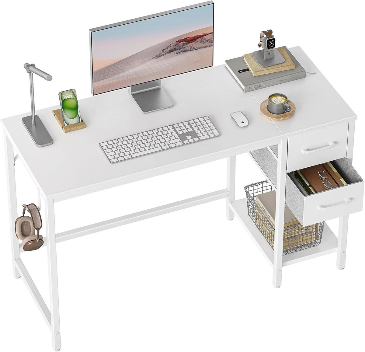 Schreibtisch Weiß mit 2 Schubladen, Computertisch 120×50cm