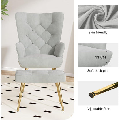Sessel mit Hocker, grau, Bouclé, Metallbeine