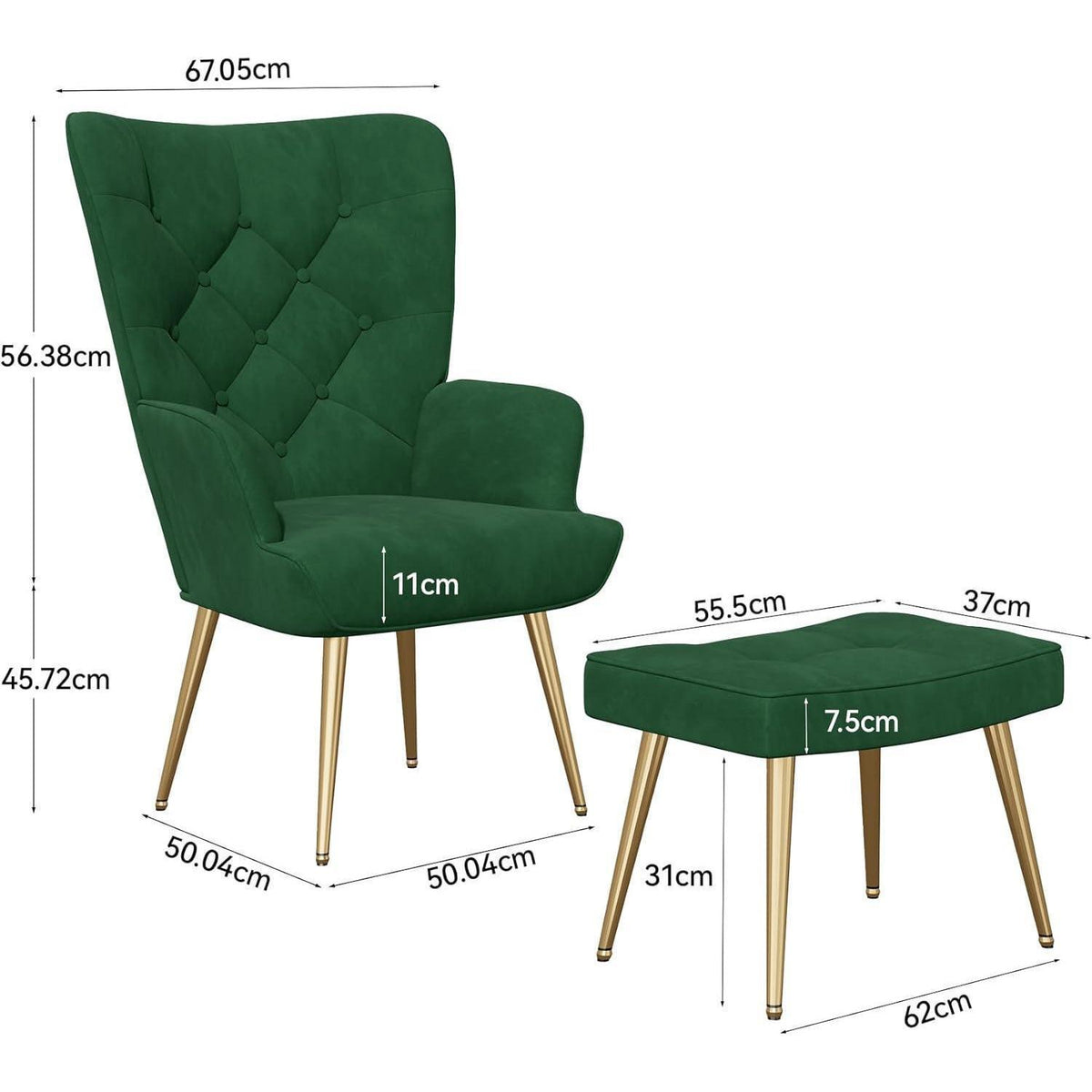 Eleganter Ohrensessel mit Hocker, Grün, Metallbeine