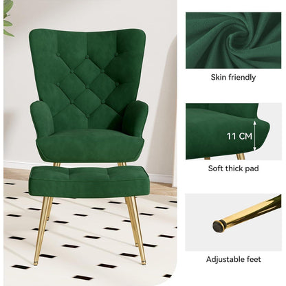 Eleganter Ohrensessel mit Hocker, Grün, Metallbeine
