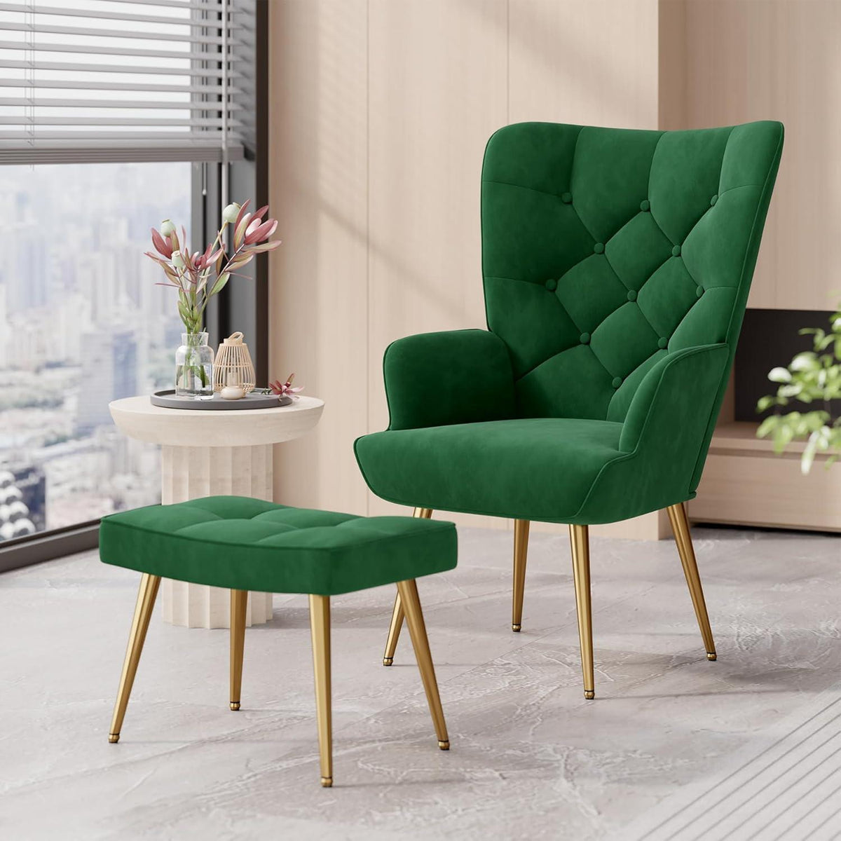 Eleganter Ohrensessel mit Hocker, Grün, Metallbeine