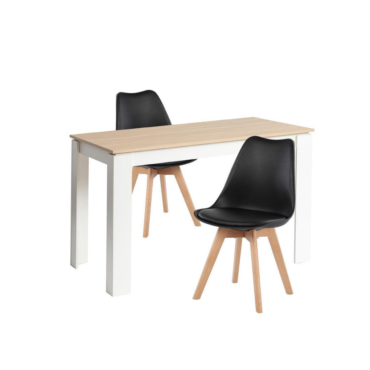 Essgruppe 120cm Eiche-Weiß mit 2 Schwarz Stühlen