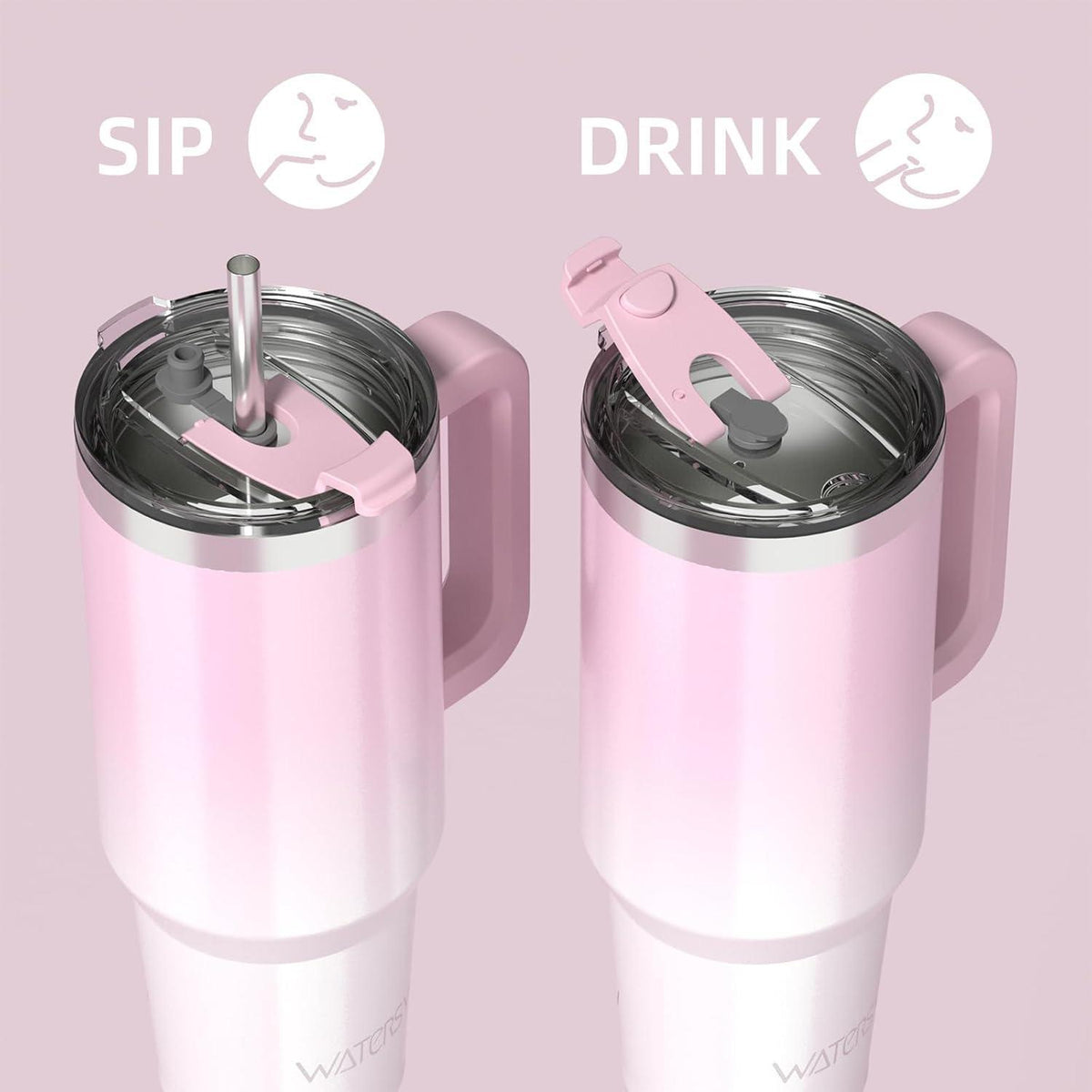 Thermosbecher 1182ml mit Griff und Strohhalm, Rosa Weiß Glänzend