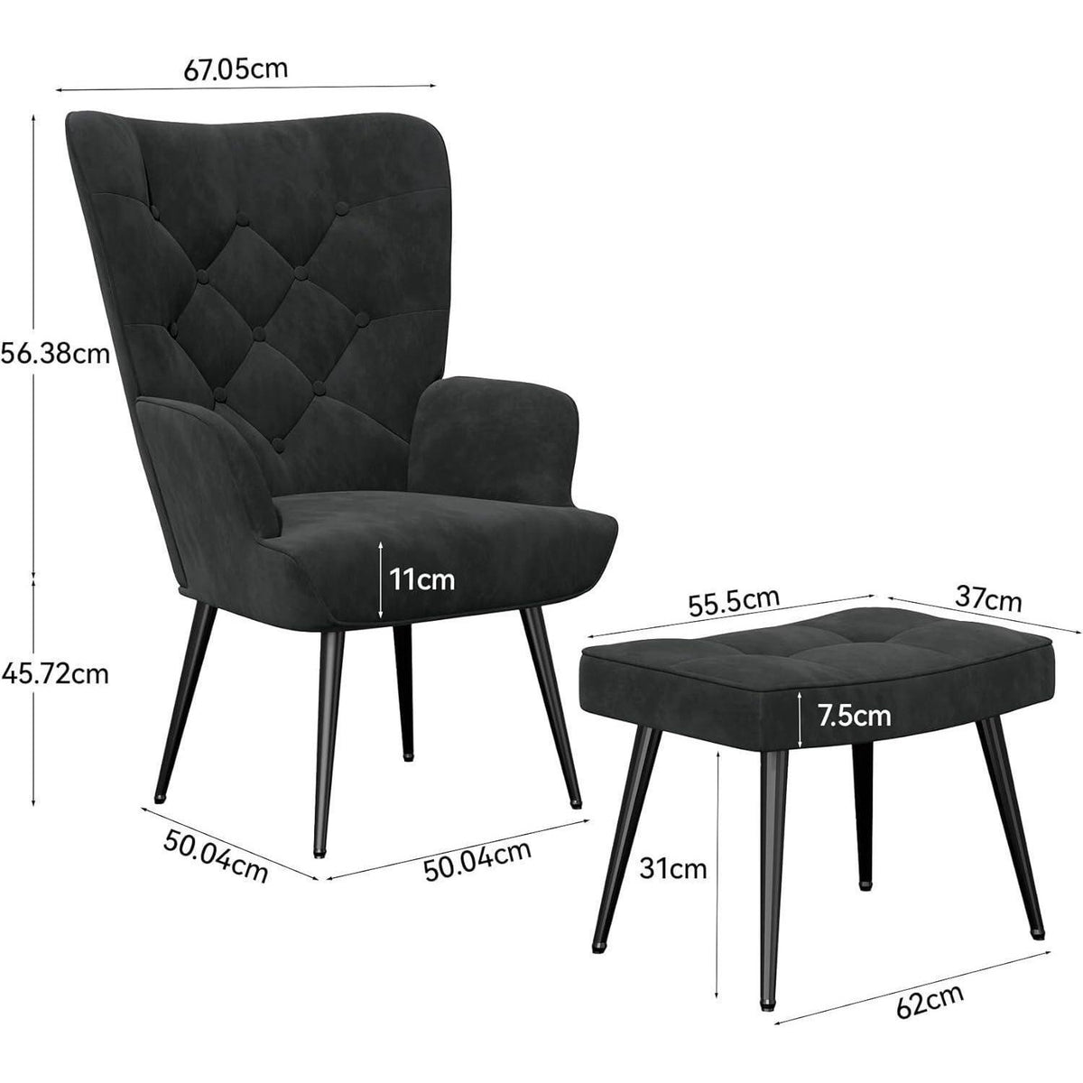 Eleganter Ohrensessel mit Hocker, Schwarz