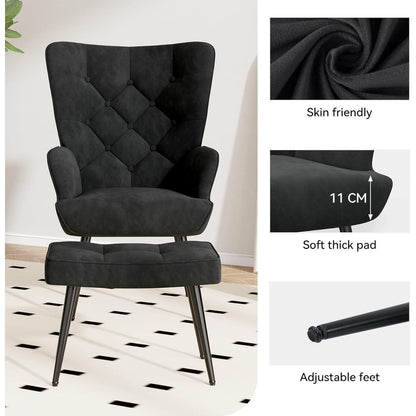 Eleganter Ohrensessel mit Hocker, Schwarz