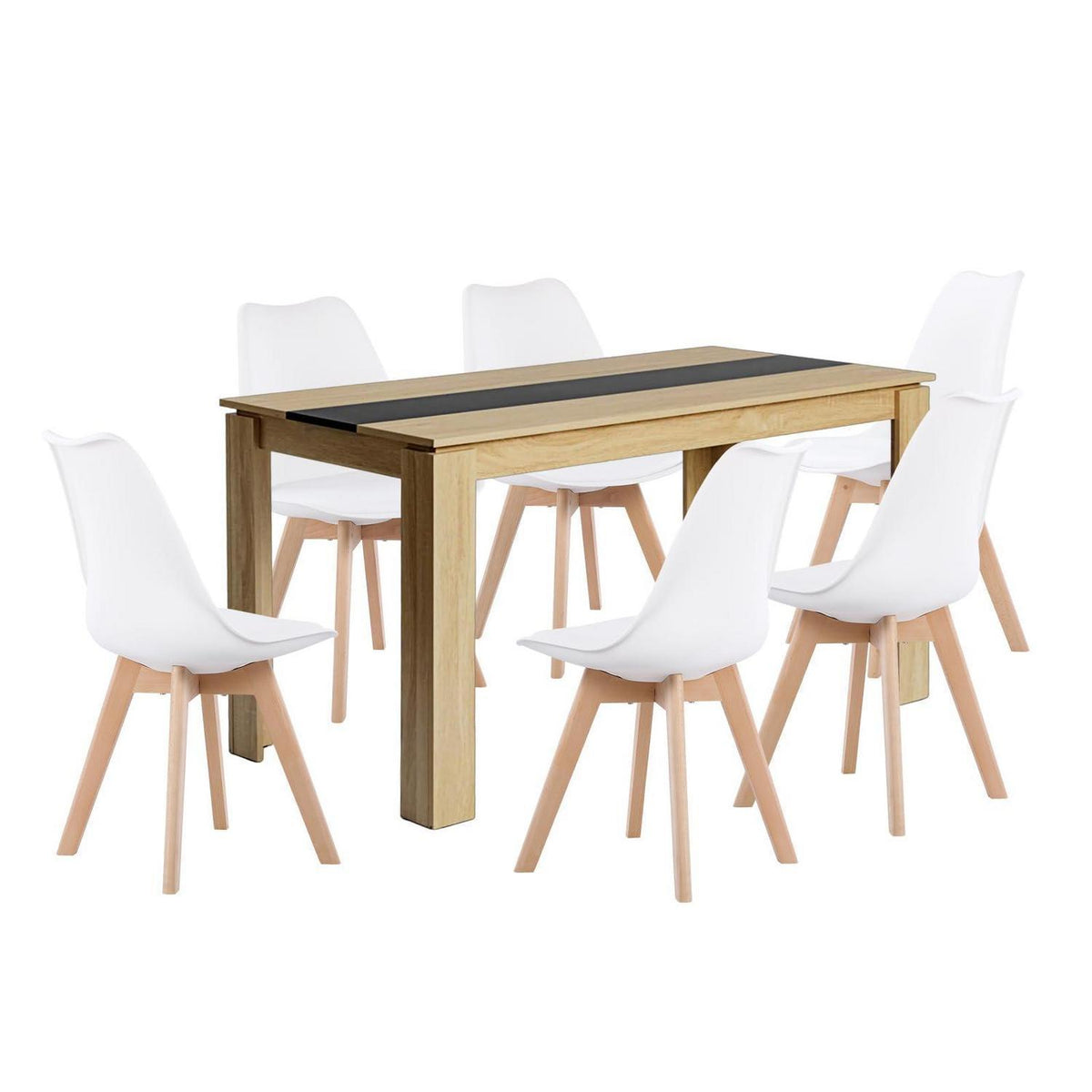 Essgruppe 140cm Eiche-Schwarz Tisch mit 6 weißen Stühlen