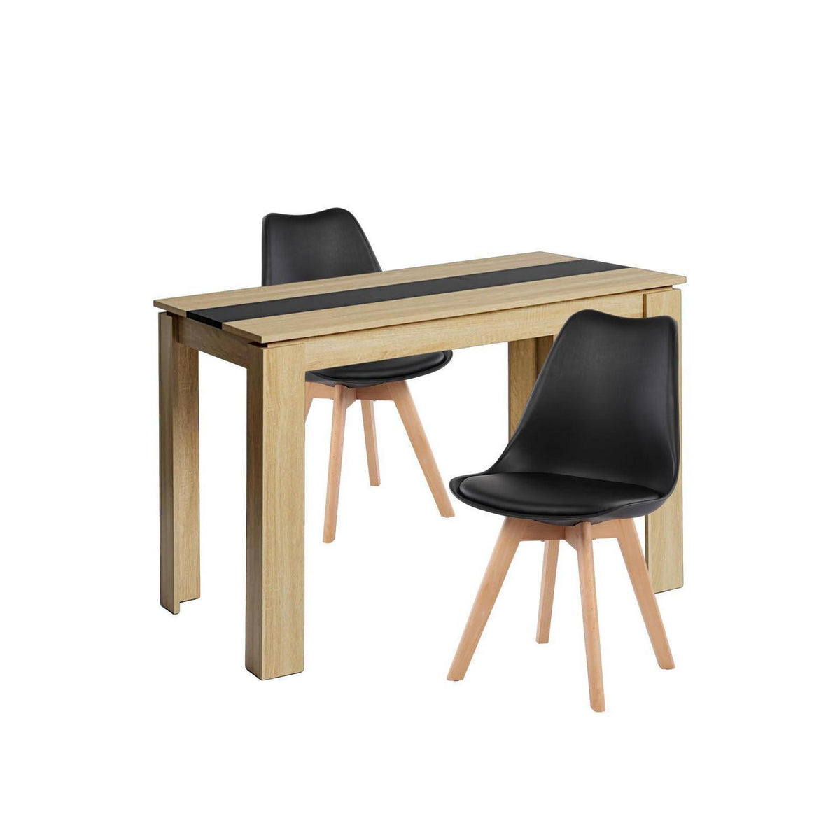 Essgruppe Eiche-Schwarz mit 2 Esszimmerstühlen (110cm)