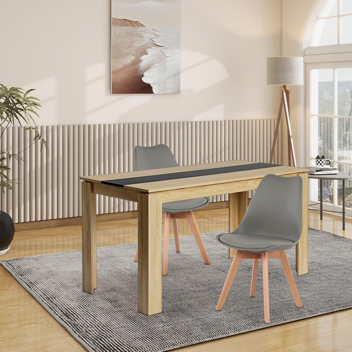 Essgruppe 140cm Eiche-Schwarz mit 2 Grau Stühlen