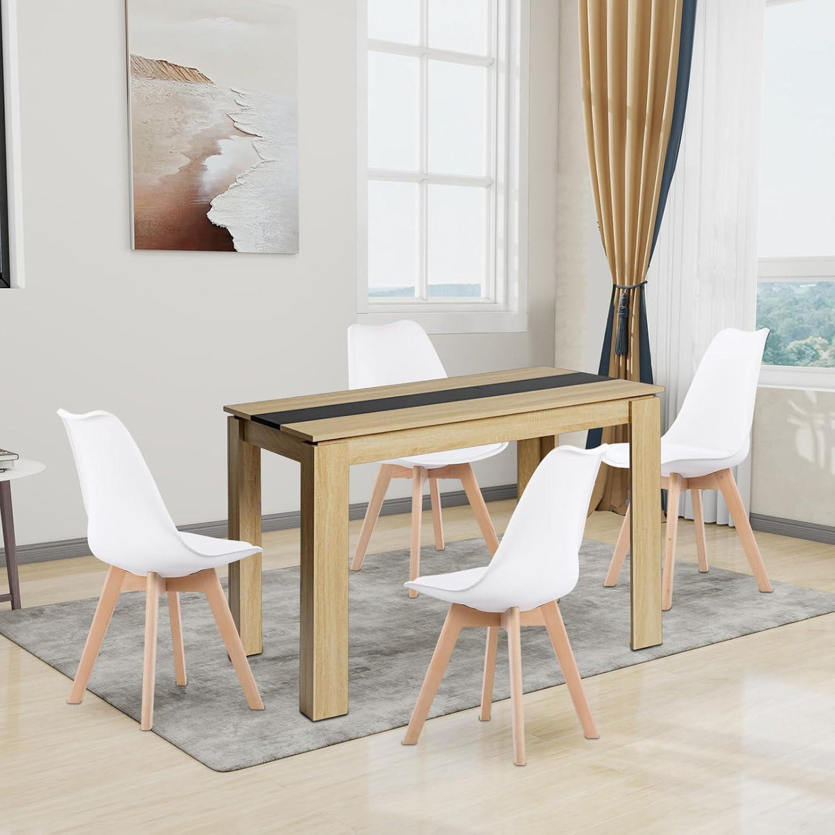 Essgruppe Eiche-Schwarz mit 4 weißen Esszimmerstühlen (110cm)