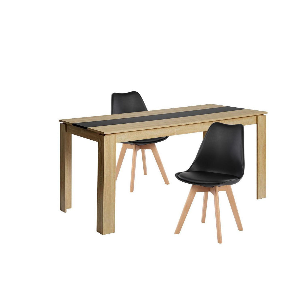 Essgruppe 160cm Eiche-Schwarz mit 2 Esszimmerstühlen