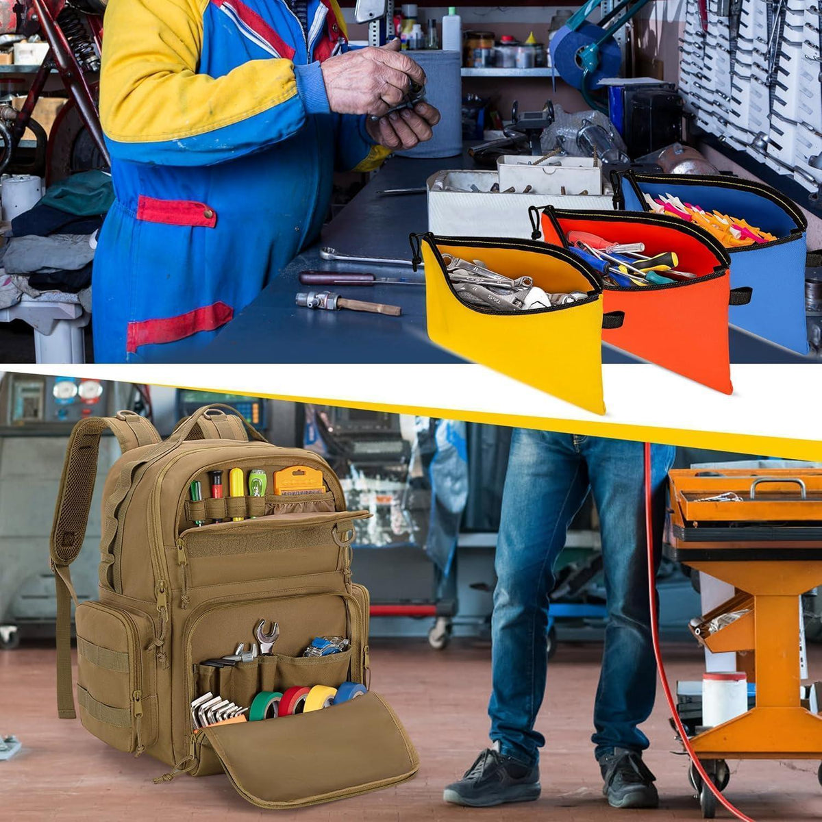 Werkzeugrucksack Khaki mit Organizer-Taschen für Handwerker
