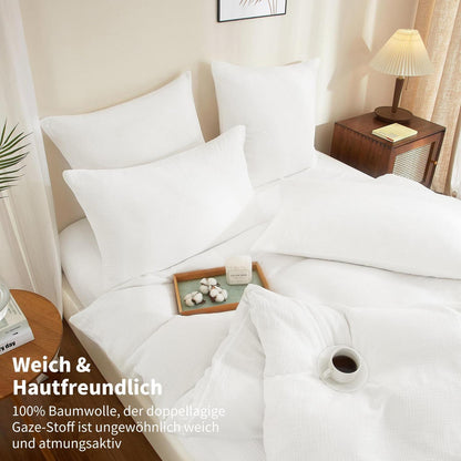 Doppelte Muslin Bettwäsche 200x220 Weiß – Weich & Atmungsaktiv