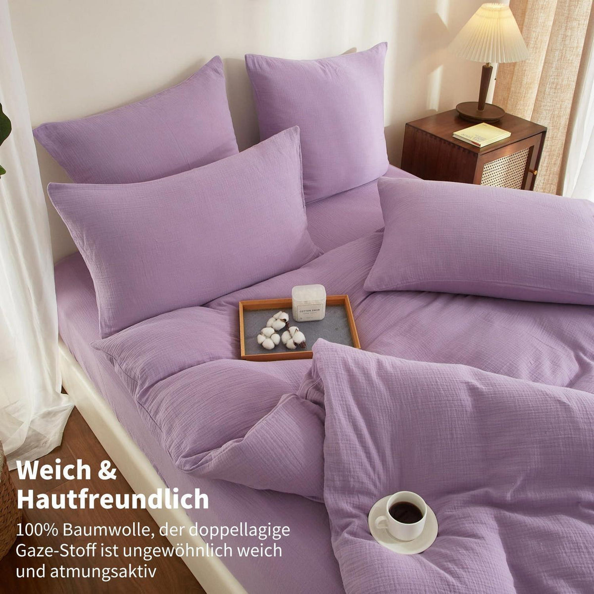 Doppelte Muslin Bettwäsche Lila 200x220 - Weiche Baumwolle Bettwäsche Set