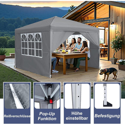 3x3m Gartenpavillon wasserdicht mit Seitenteilen & Fenstern