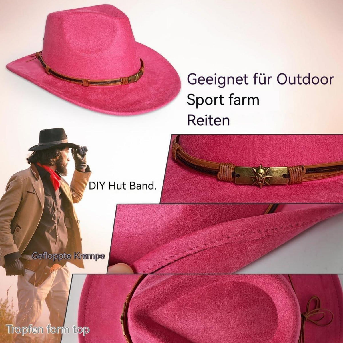Cowboyhut Damen Herren Westernhut Rosa Rot in Lederoptik