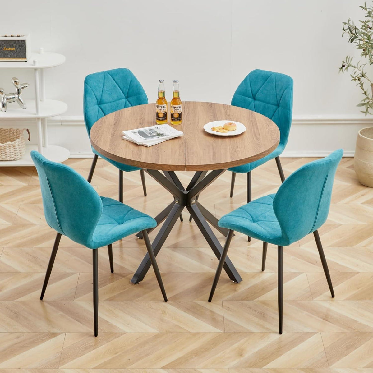 4 Esszimmerstühle Leinenstoff, gepolstert, blau
