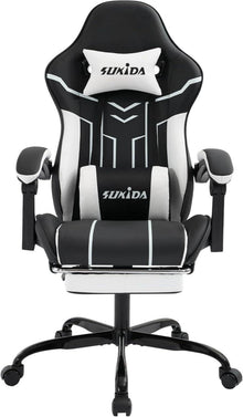 Ergonomischer Gaming Stuhl mit Fußstütze und Lendenwirbelstütze