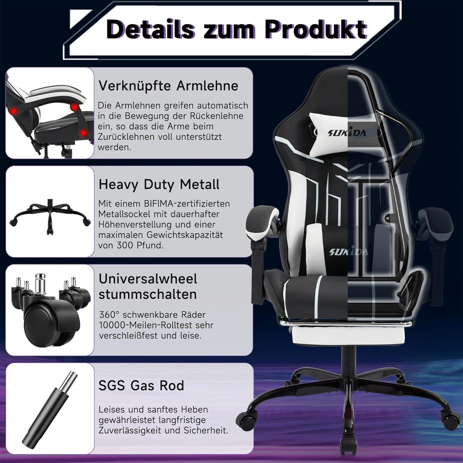 Ergonomischer Gaming Stuhl mit Fußstütze und Lendenwirbelstütze