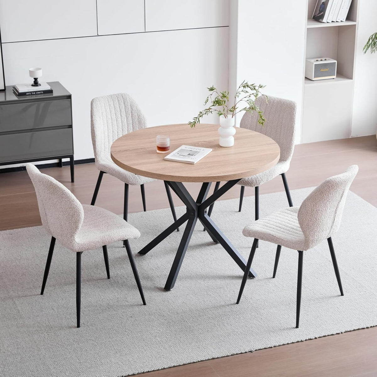 8 Esszimmerstühle Leinen Stoff Schwarz Metallbeine Beige