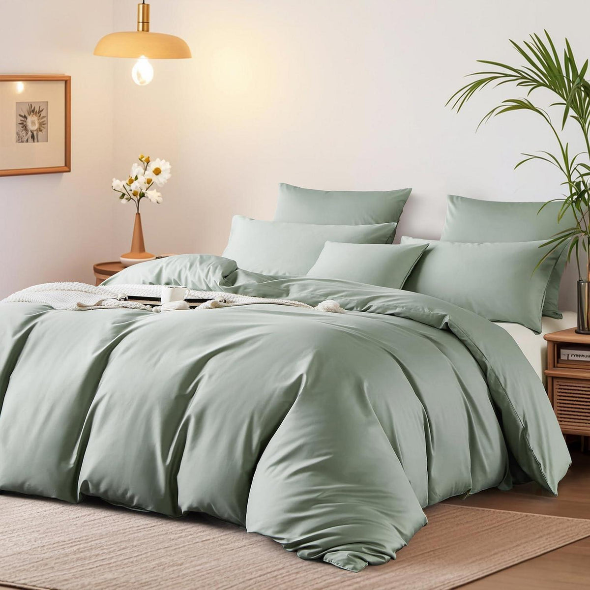 Satin Bettwäsche Set 200x220 cm Baumwolle Grün Salbeigrün